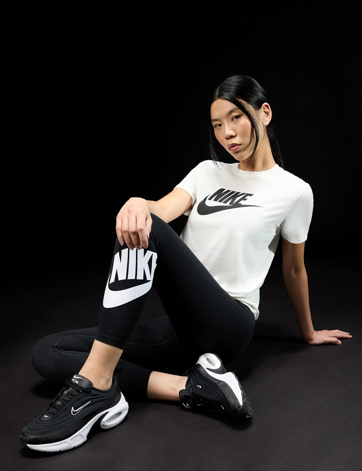 Black high-waisted graphic leggings with four-way stretch fabric, shown from front/back/side view — view 2