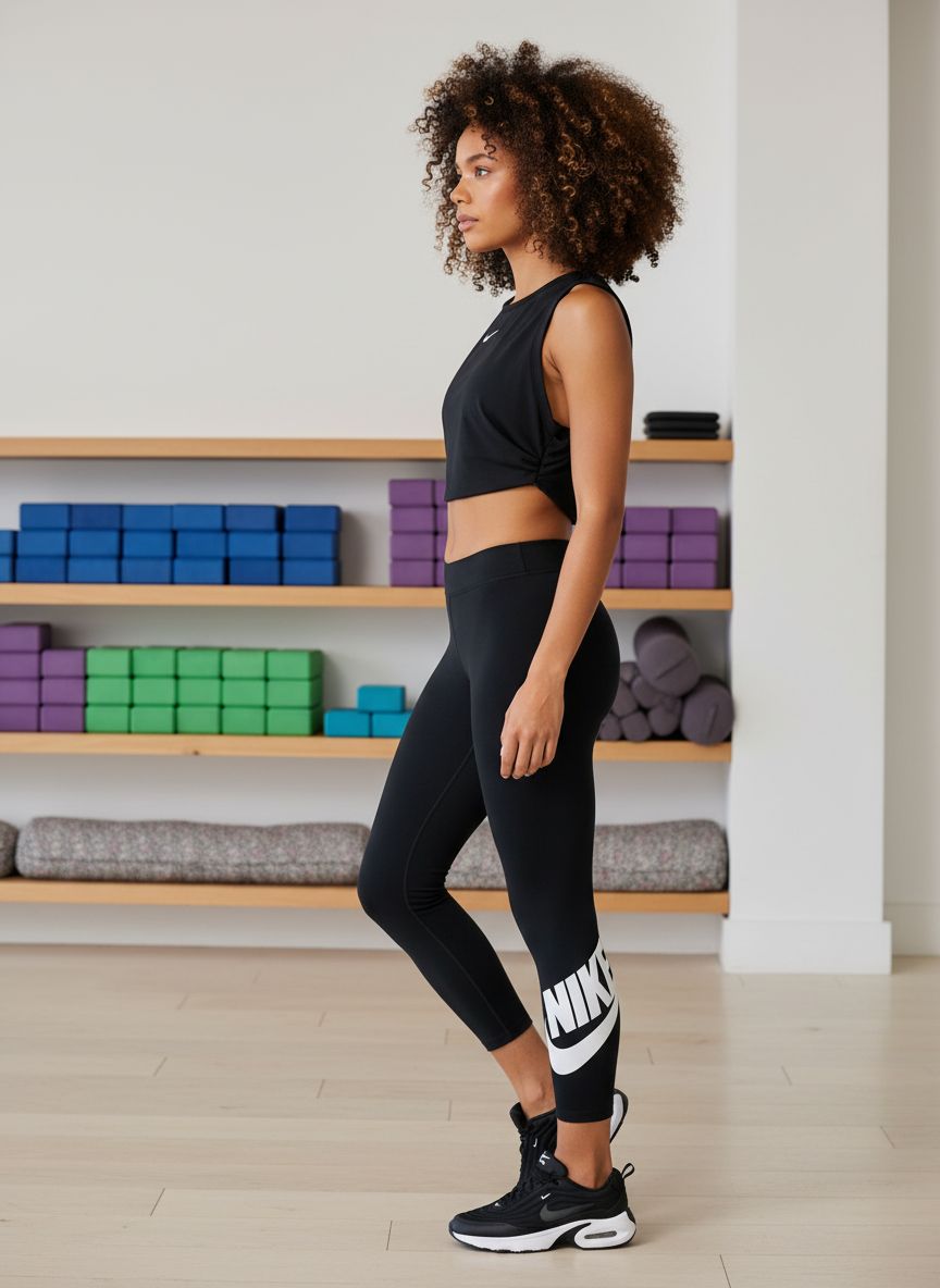 Black high-waisted graphic leggings with four-way stretch fabric, shown from front/back/side view — view 2a