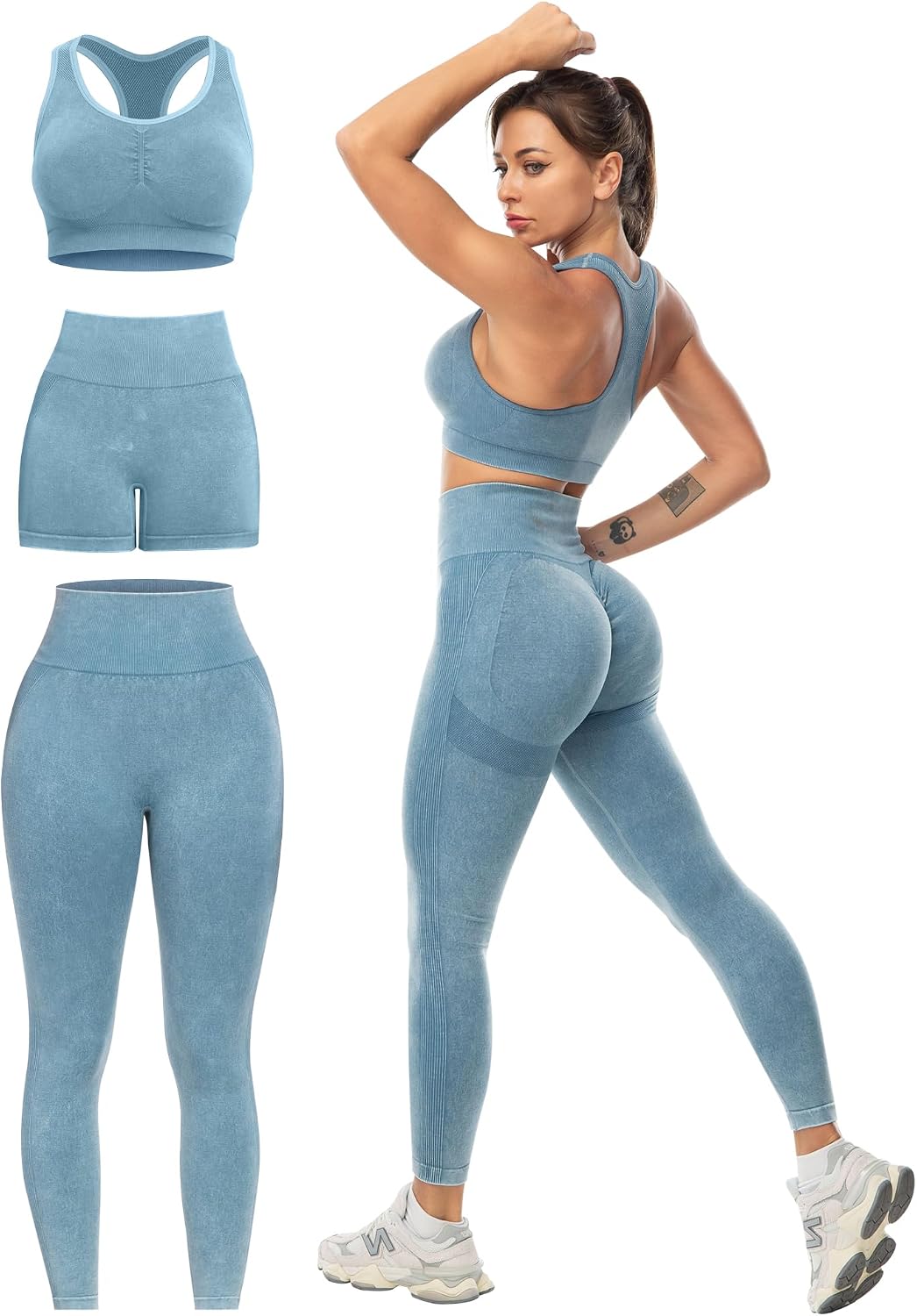 Black high-impact 3-piece lifting set featuring squat-proof leggings with four-way stretch, matching sports bra, and gym shorts — front