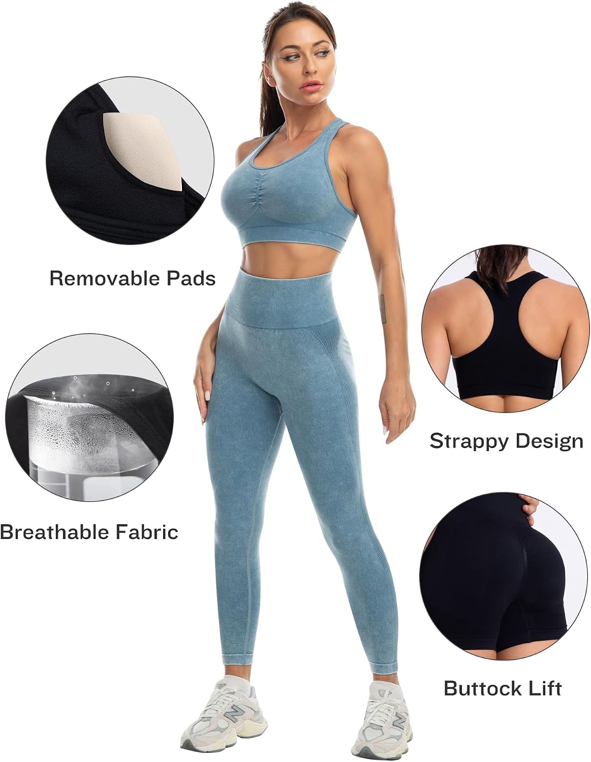 Black high-impact 3-piece lifting set featuring squat-proof leggings with four-way stretch, matching sports bra, and gym shorts — side