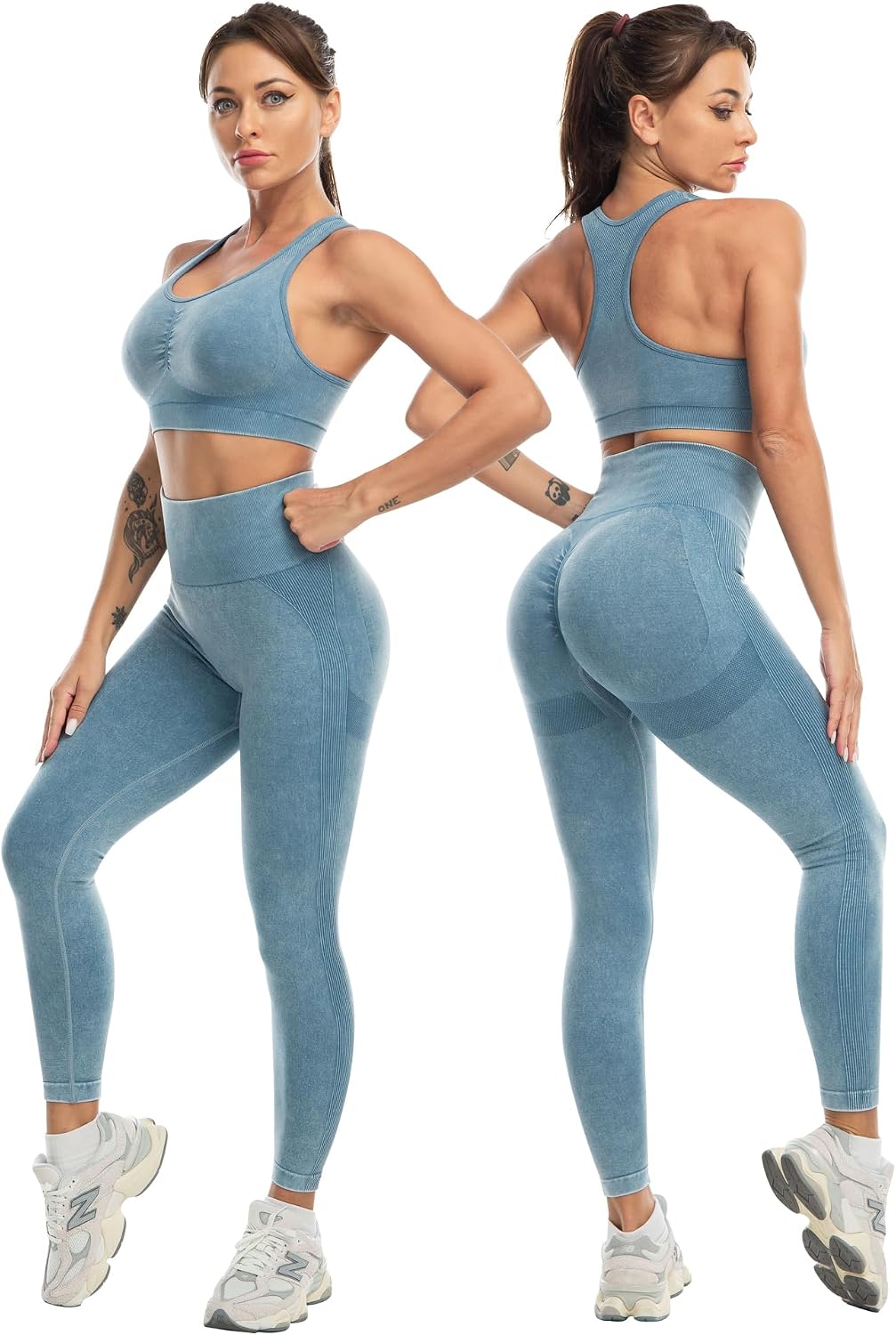 Black high-impact 3-piece lifting set featuring squat-proof leggings with four-way stretch, matching sports bra, and gym shorts — back