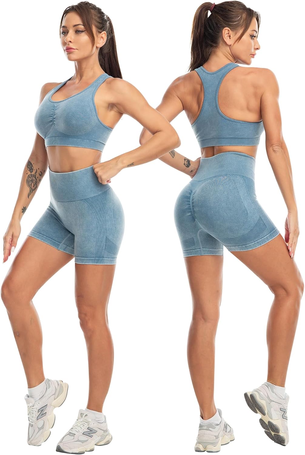 Black high-impact 3-piece lifting set featuring squat-proof leggings with four-way stretch, matching sports bra, and gym shorts — detail