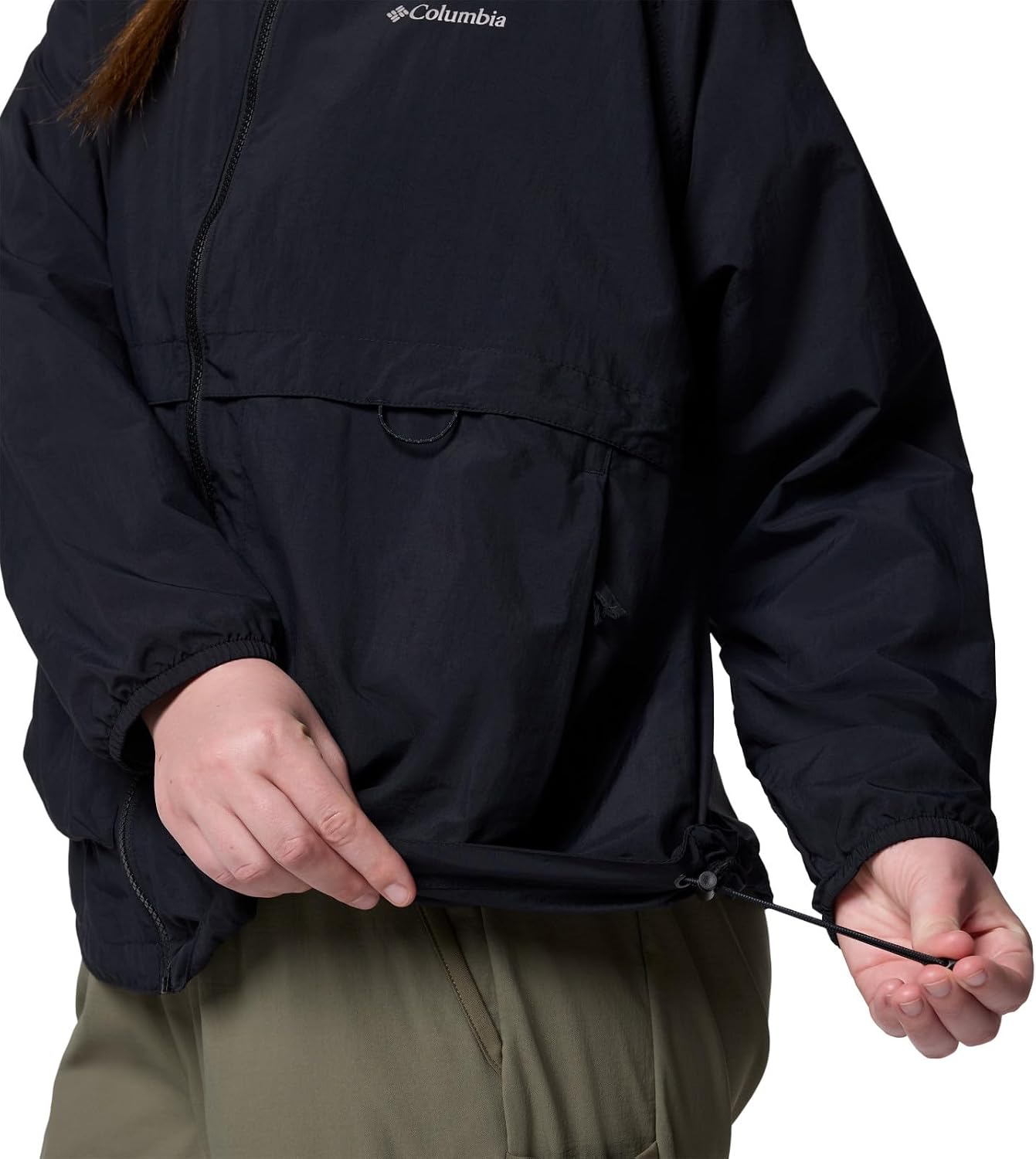 Columbia Spire Valley windbreaker in black, featuring weather-shell windproof fabric for outdoor activities — view 1