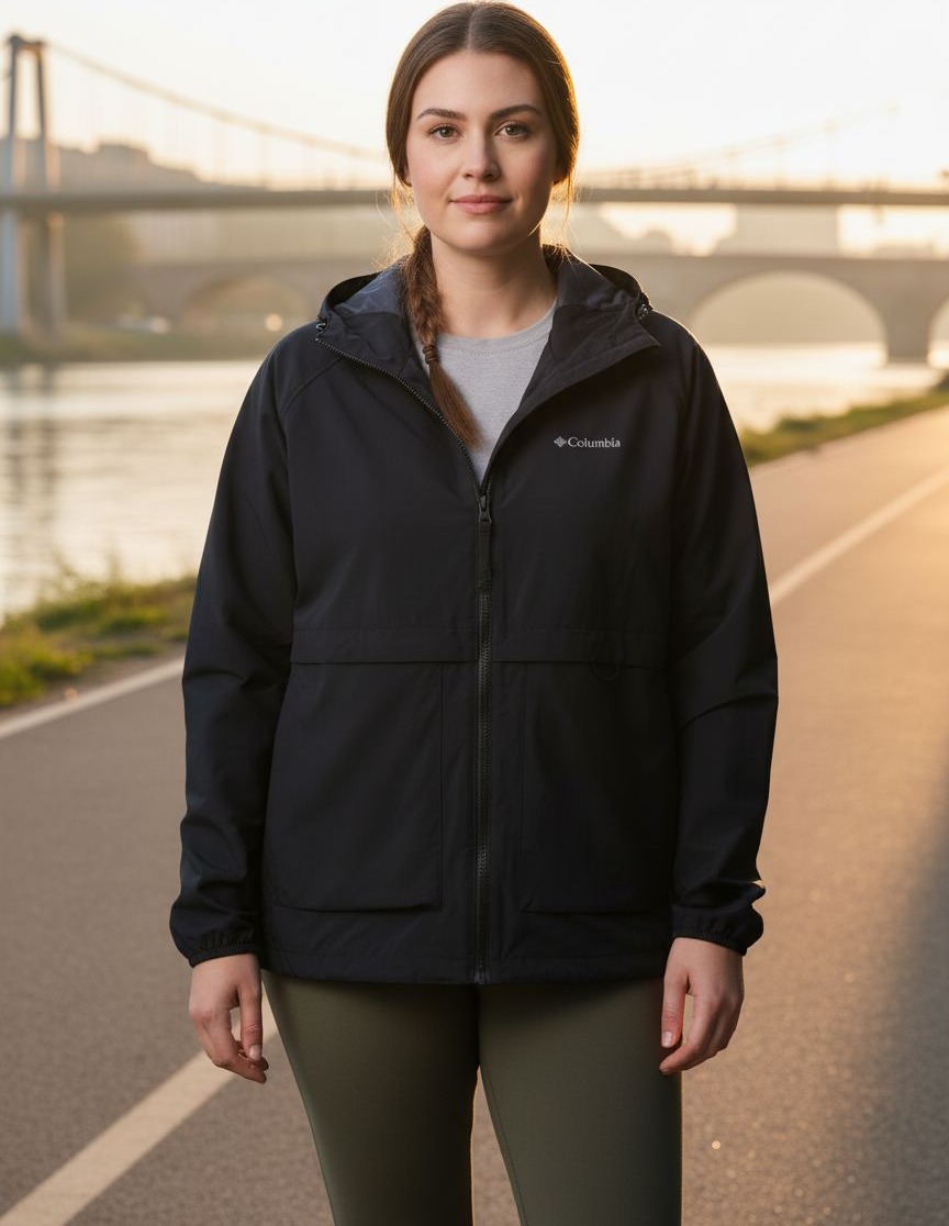 Columbia Spire Valley windbreaker in black, featuring weather-shell windproof fabric for outdoor activities