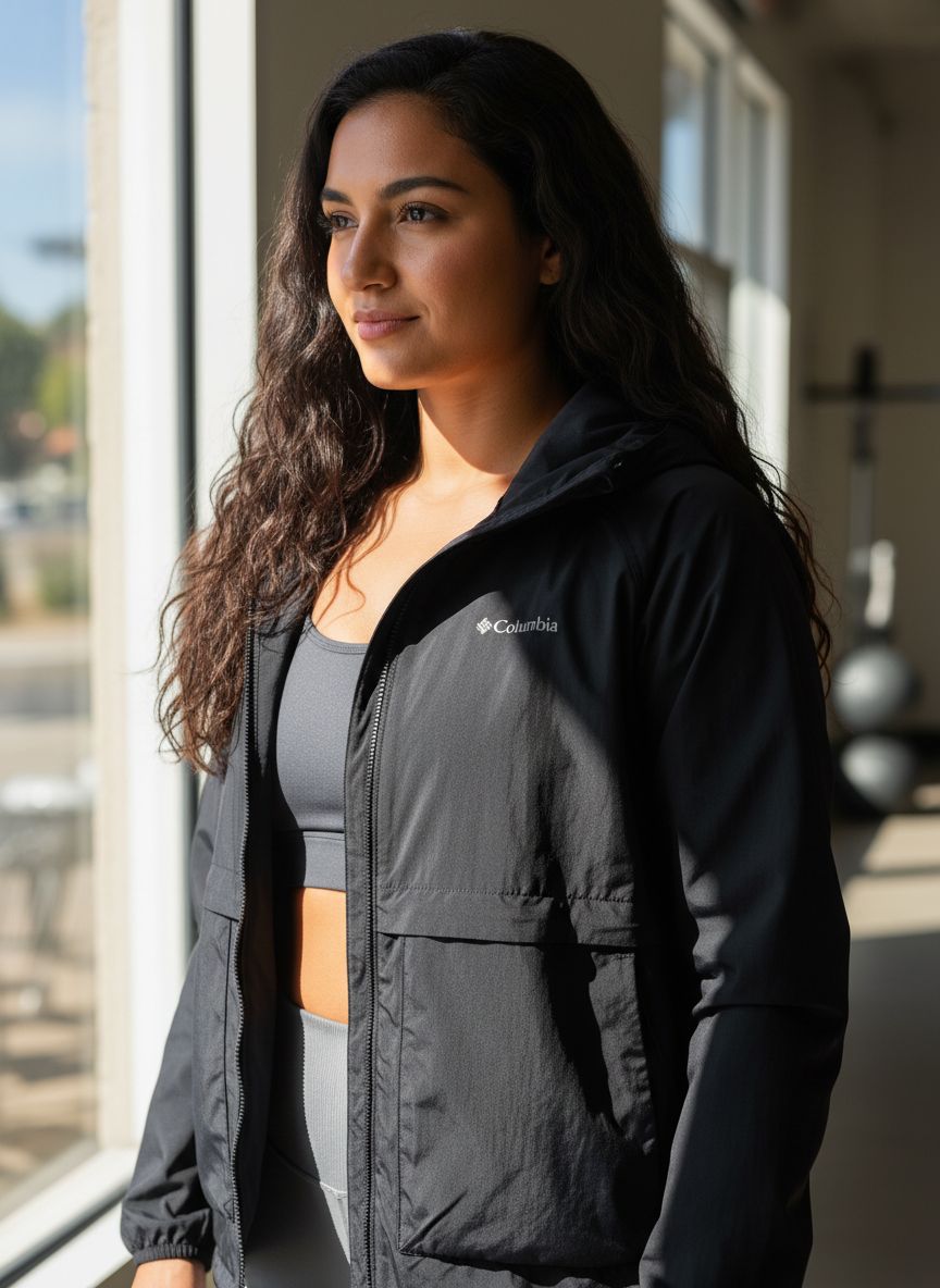 Columbia Spire Valley windbreaker in black, featuring weather-shell windproof fabric for outdoor activities — view 2a
