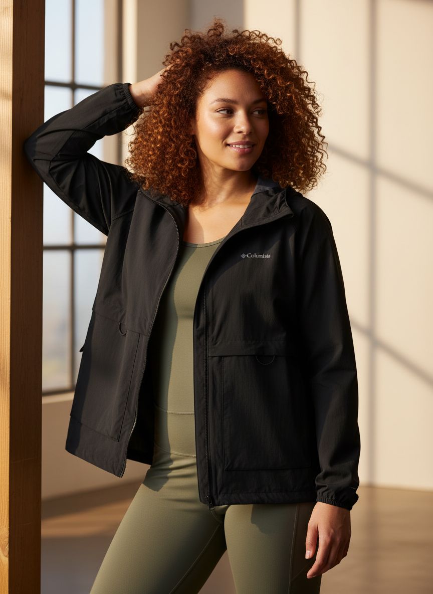 Columbia Spire Valley windbreaker in black, featuring weather-shell windproof fabric for outdoor activities — view 5