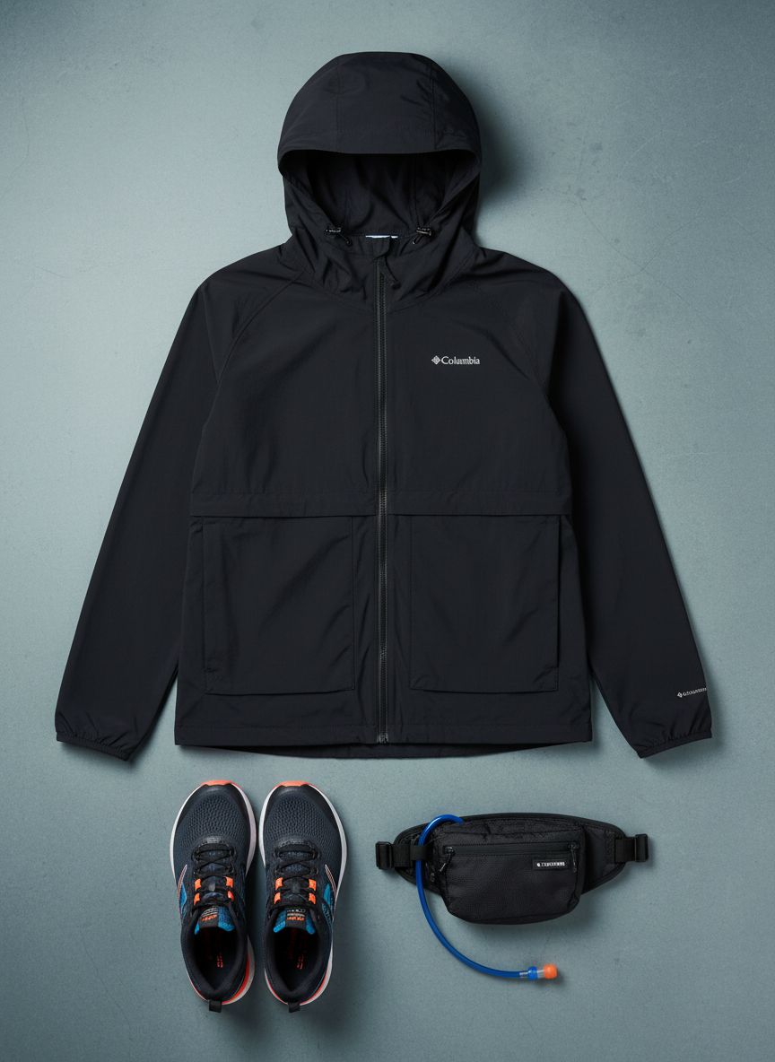 Columbia Spire Valley windbreaker in black, featuring weather-shell windproof fabric for outdoor activities — view 6