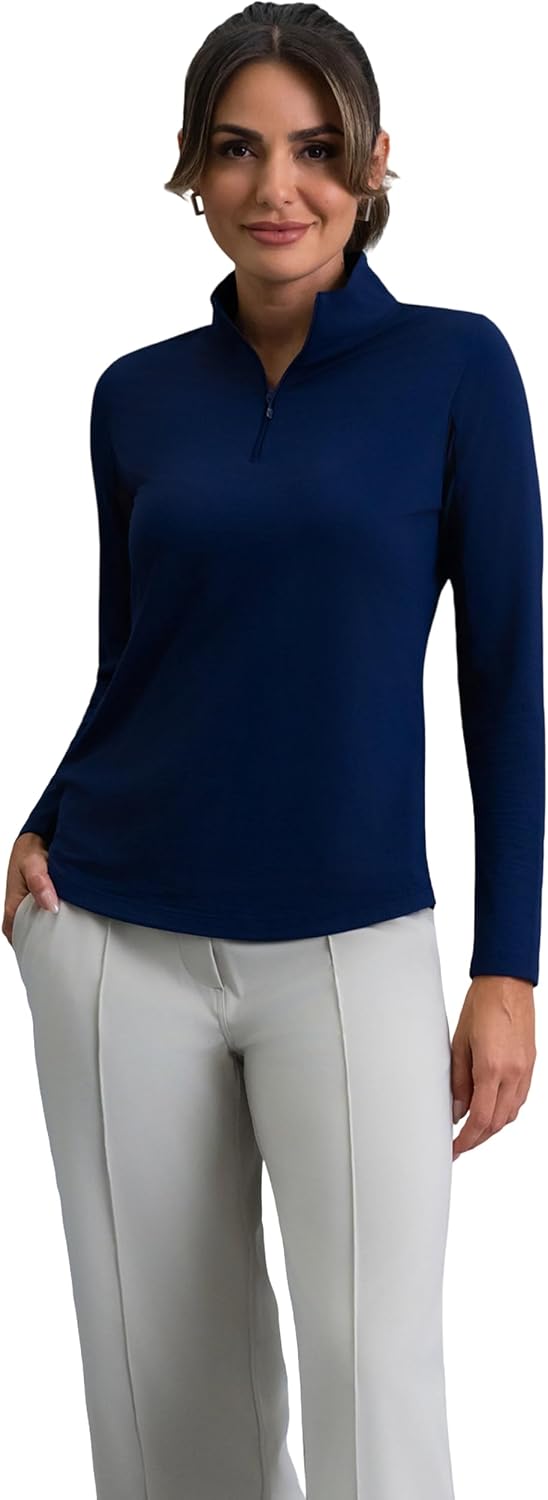 UPF 50+ cooling mock neck athleisure top in {color} with moisture-wicking fabric — detail