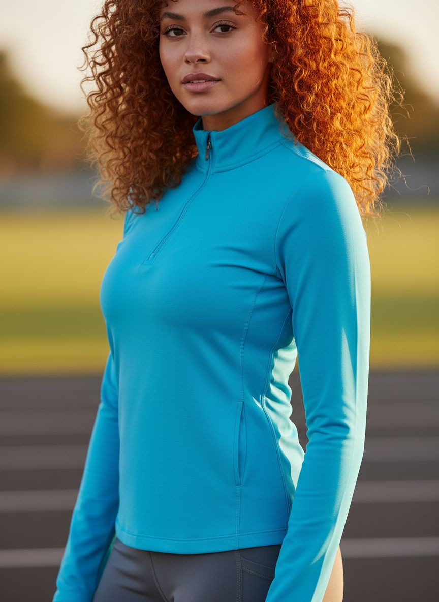 UPF 50+ cooling mock neck athleisure top in {color} with moisture-wicking fabric — view 2b