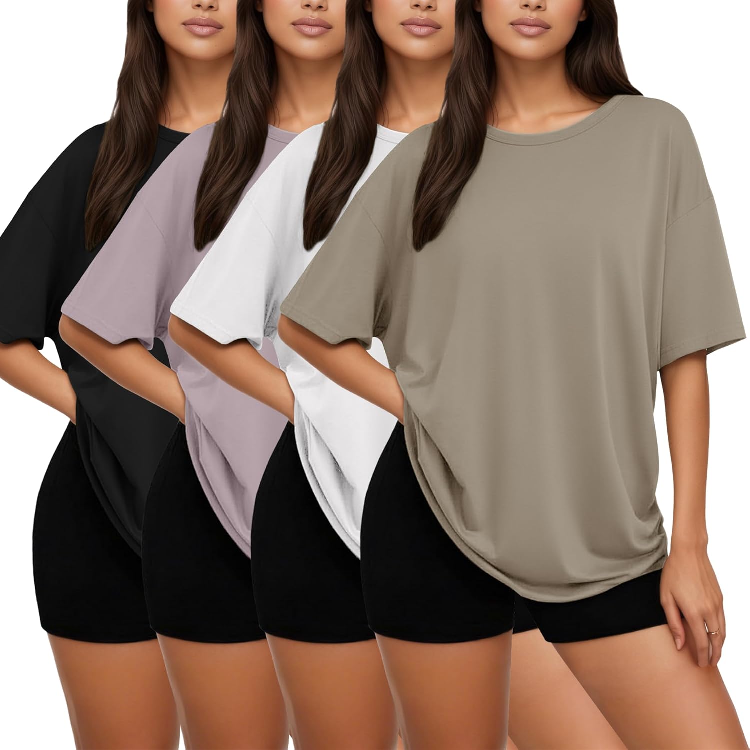 Oversized crew neck t-shirt in {color}, moisture-wicking fabric, relaxed fit for athleisure wear — front