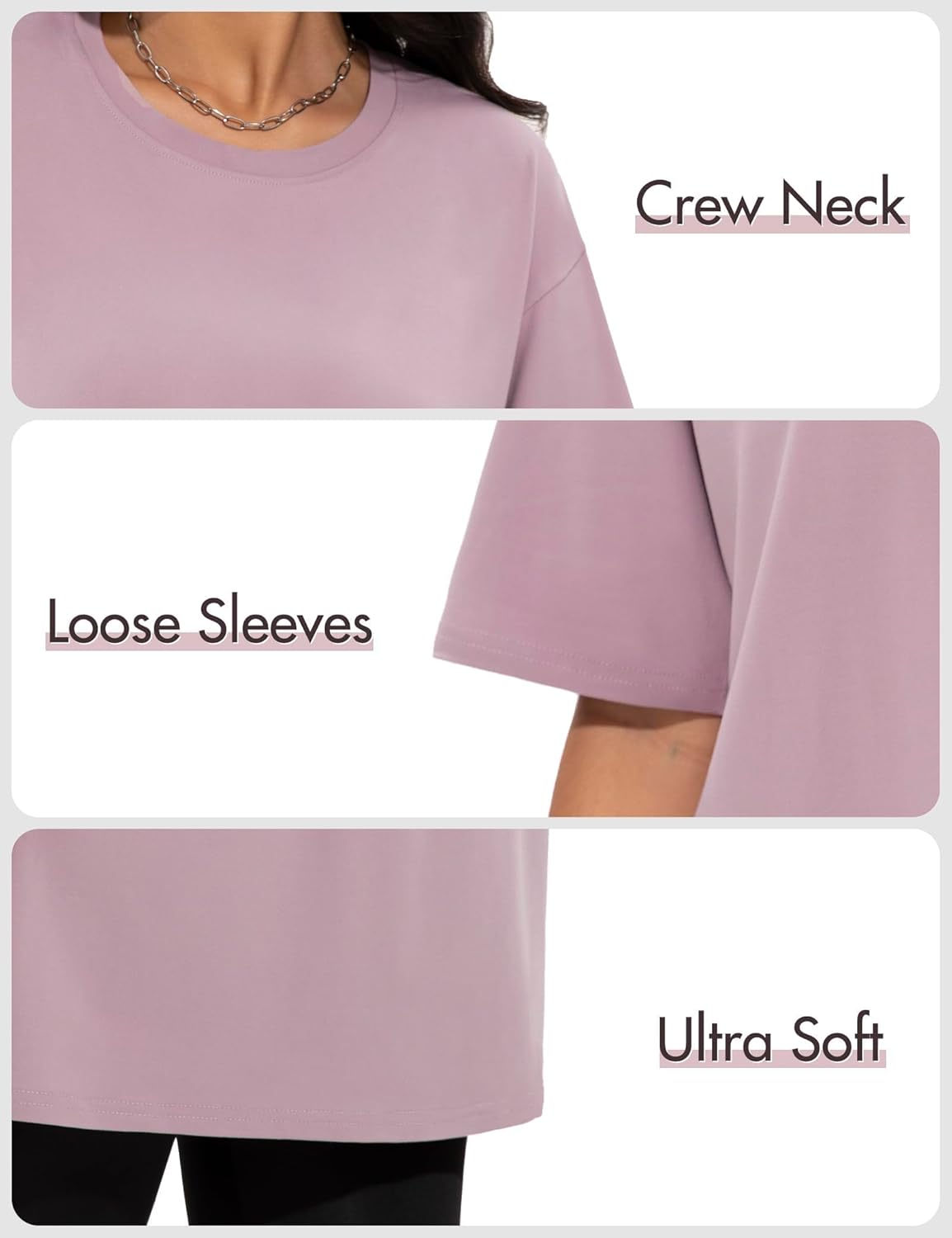 Oversized crew neck t-shirt in {color}, moisture-wicking fabric, relaxed fit for athleisure wear — detail