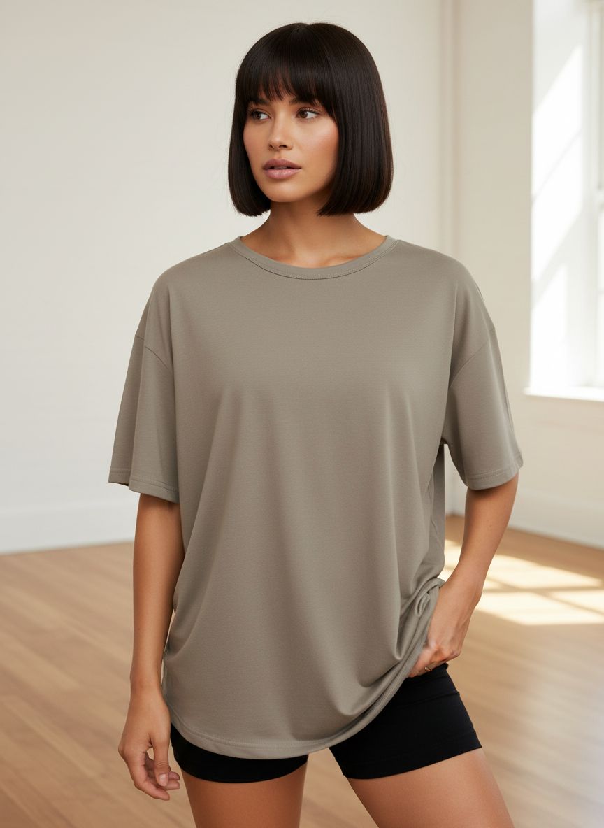 Oversized crew neck t-shirt in {color}, moisture-wicking fabric, relaxed fit for athleisure wear — view 1