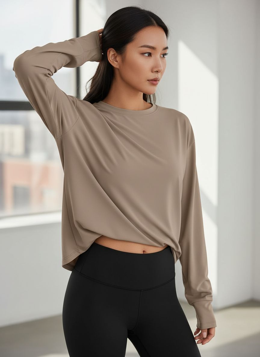 Black oversized long sleeve athleisure top with moisture-wicking fabric — view 6a