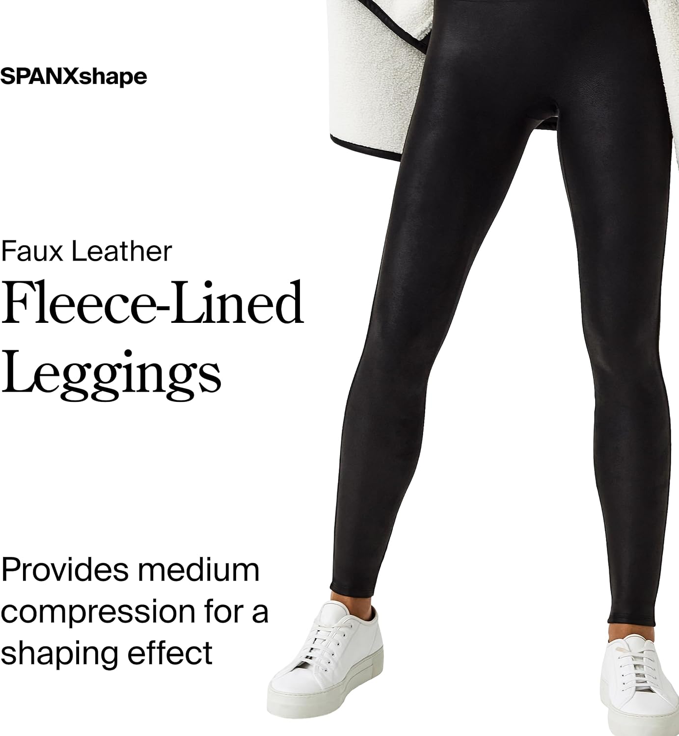Black high-waisted compression leggings with tummy control and fleece lining, front and side view — view 2