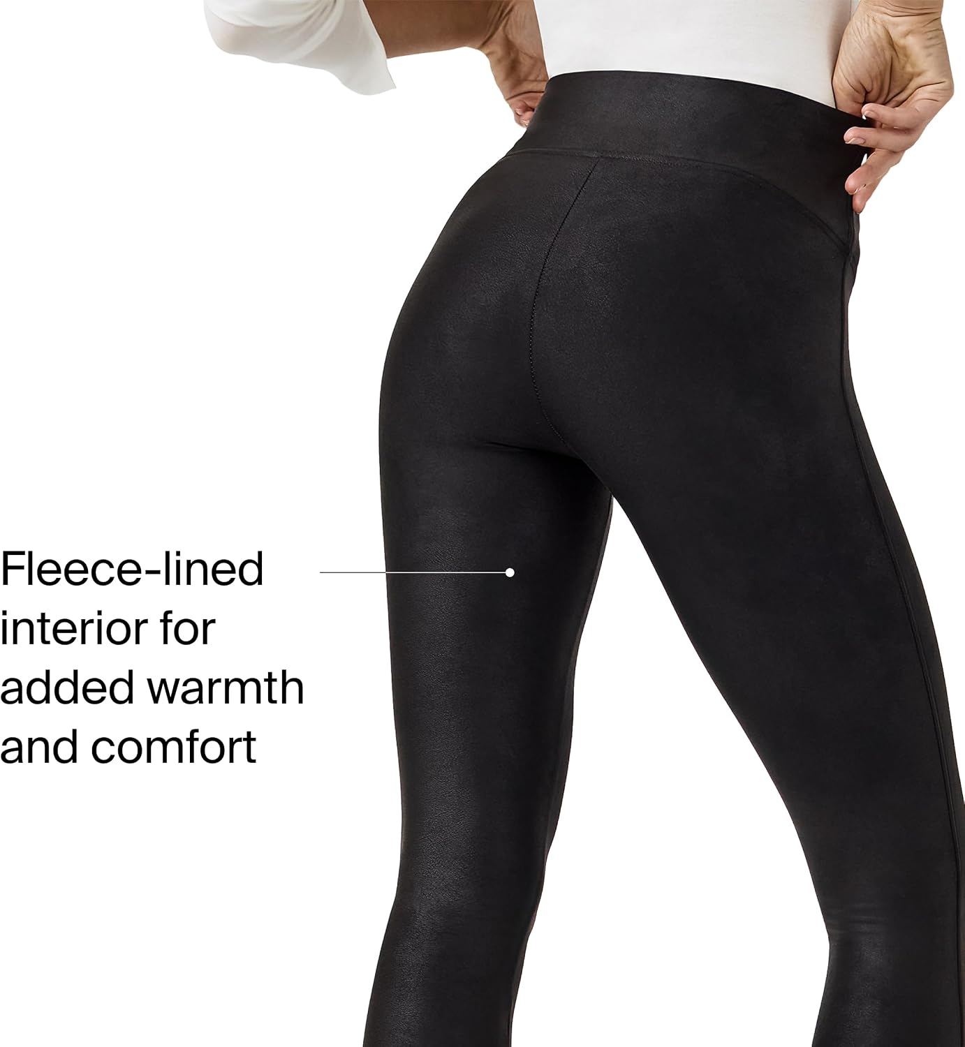 Black high-waisted compression leggings with tummy control and fleece lining, front and side view — view 4