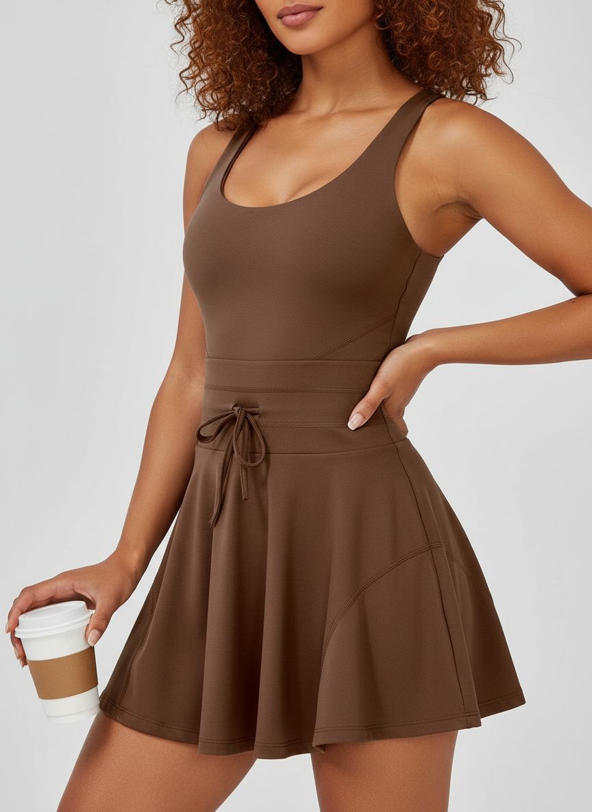 Women's fitted tennis mini dress in {color} with built-in shorts and four-way stretch fabric — view 2b
