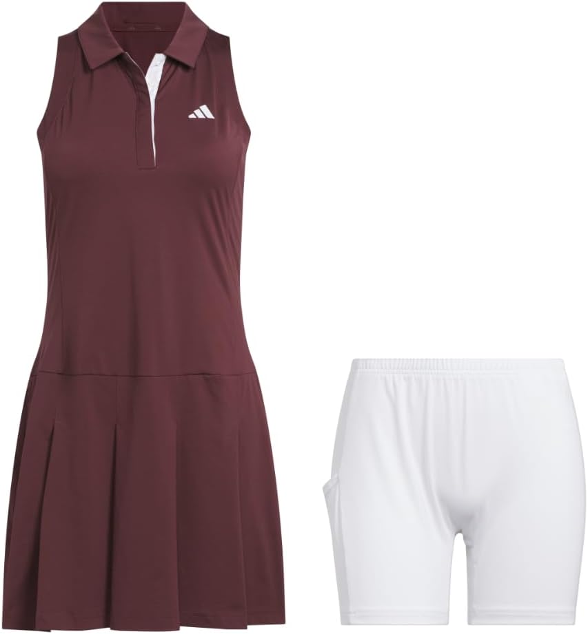 Black pleated golf dress with moisture-wicking four-way stretch fabric, front view — side
