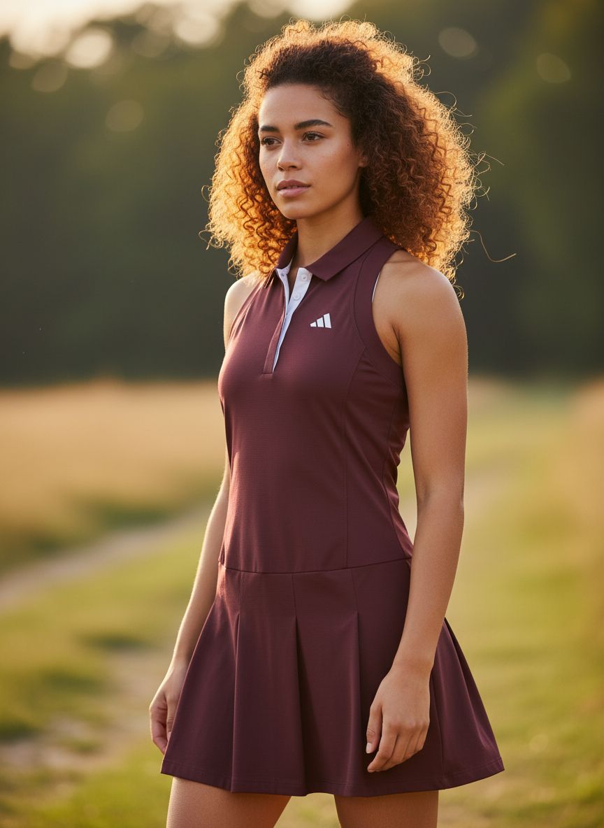 Black pleated golf dress with moisture-wicking four-way stretch fabric, front view — view 2a