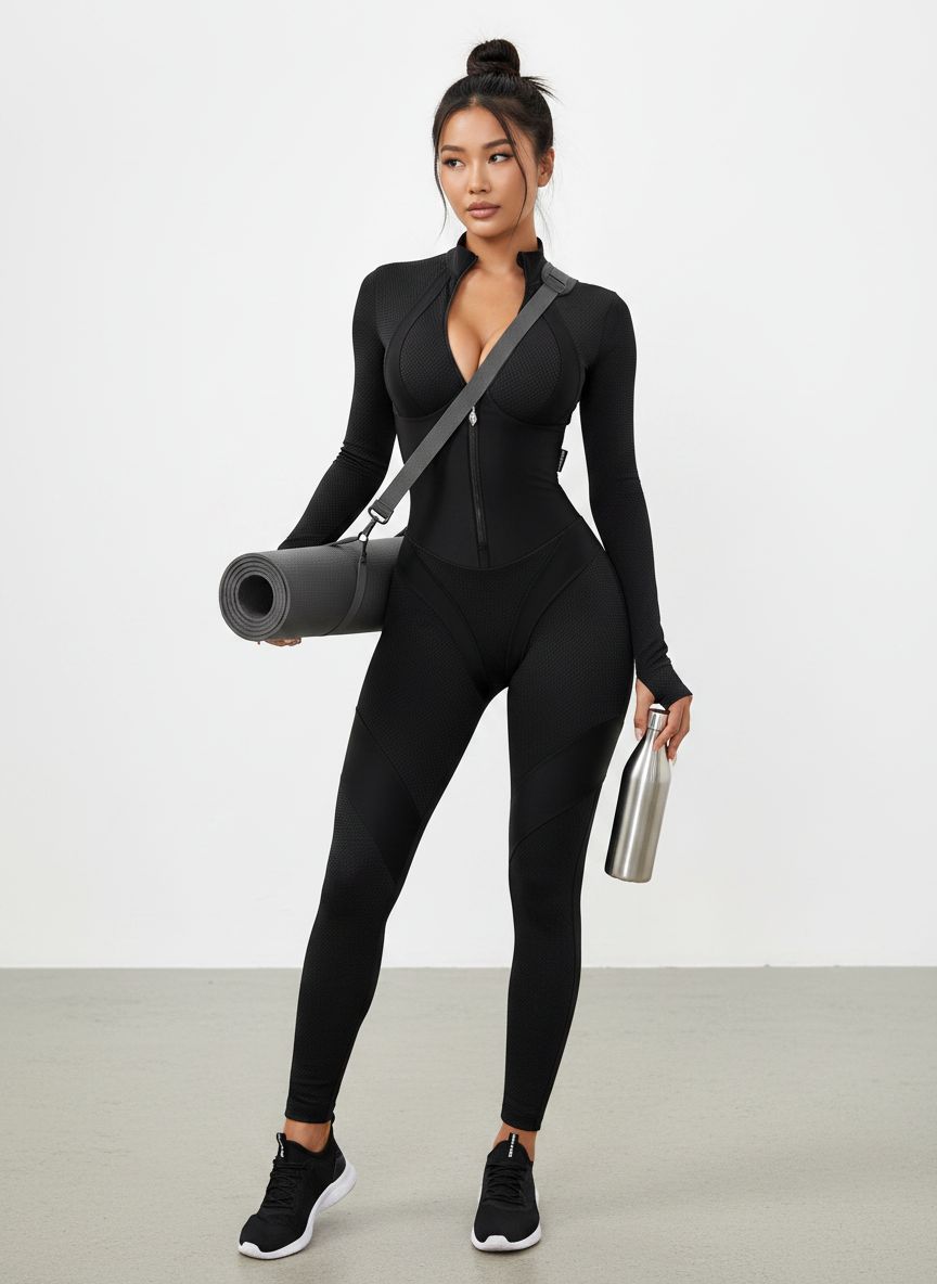 Black compression workout jumpsuit with tummy control and squat-proof fabric, front/side/back view — view 5