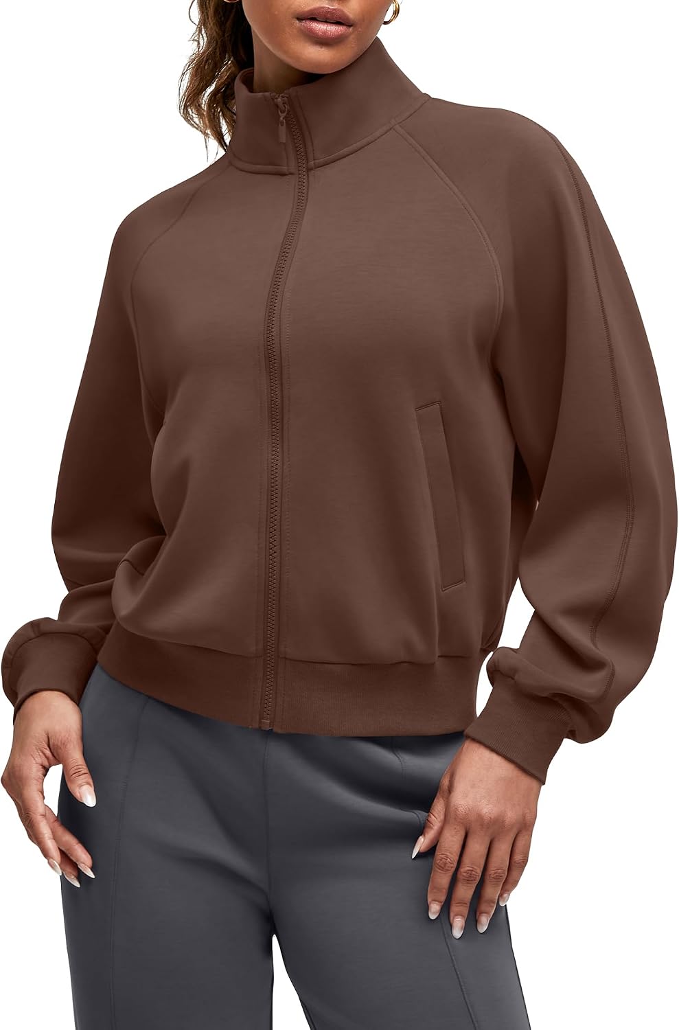 Relaxed-fit modal zip-up athleisure jacket in [color] with mock neck and front pockets — view 1