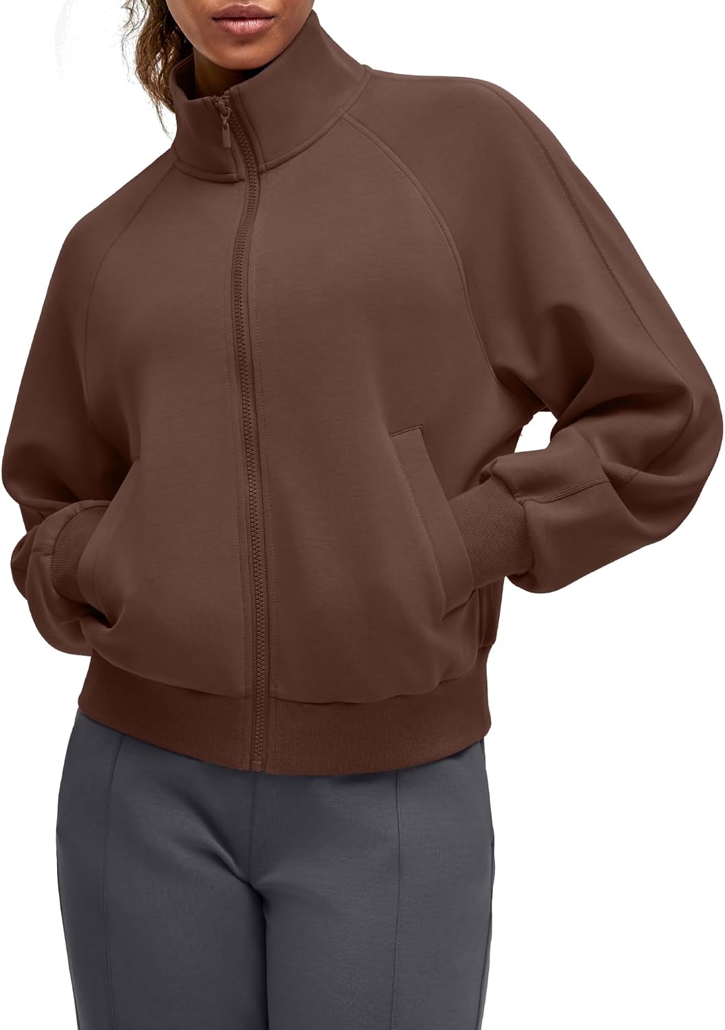 Relaxed-fit modal zip-up athleisure jacket in [color] with mock neck and front pockets — view 2