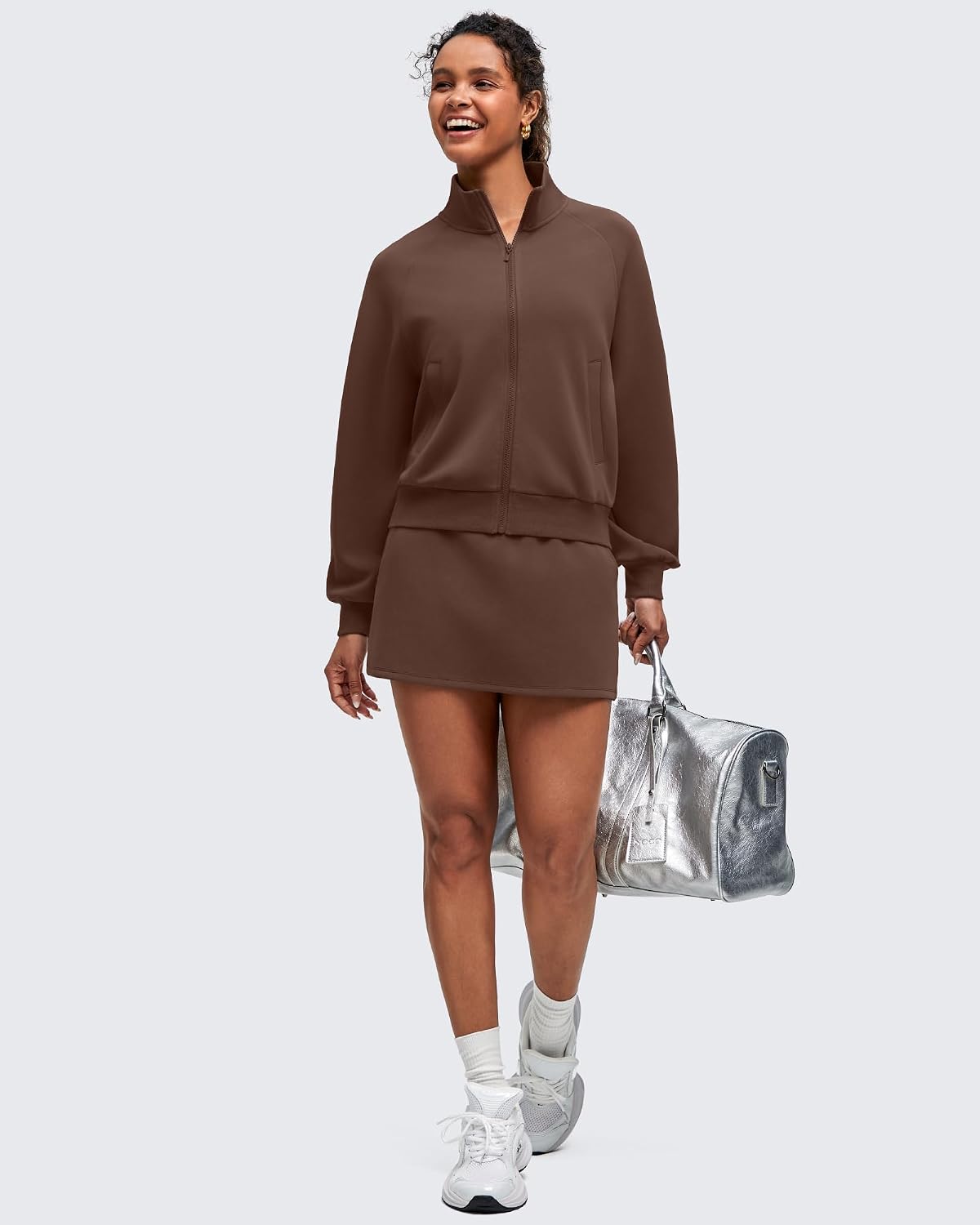 Relaxed-fit modal zip-up athleisure jacket in [color] with mock neck and front pockets — view 2