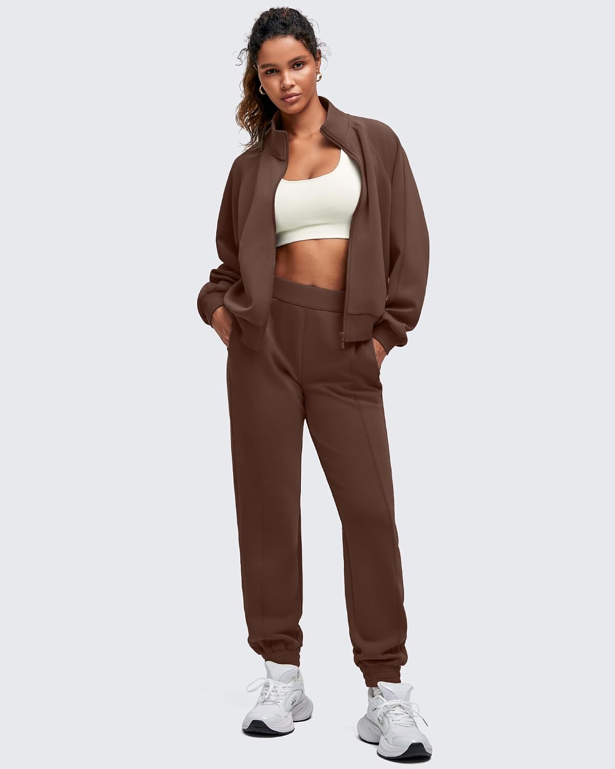 Relaxed-fit modal zip-up athleisure jacket in [color] with mock neck and front pockets — view 3