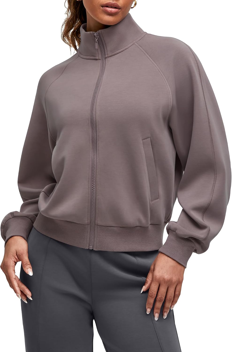 Relaxed-fit modal zip-up athleisure jacket in [color] with mock neck and front pockets — view 4