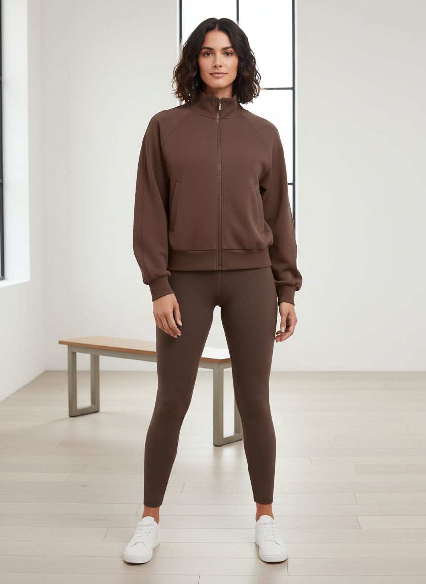 Relaxed-fit modal zip-up athleisure jacket in [color] with mock neck and front pockets
