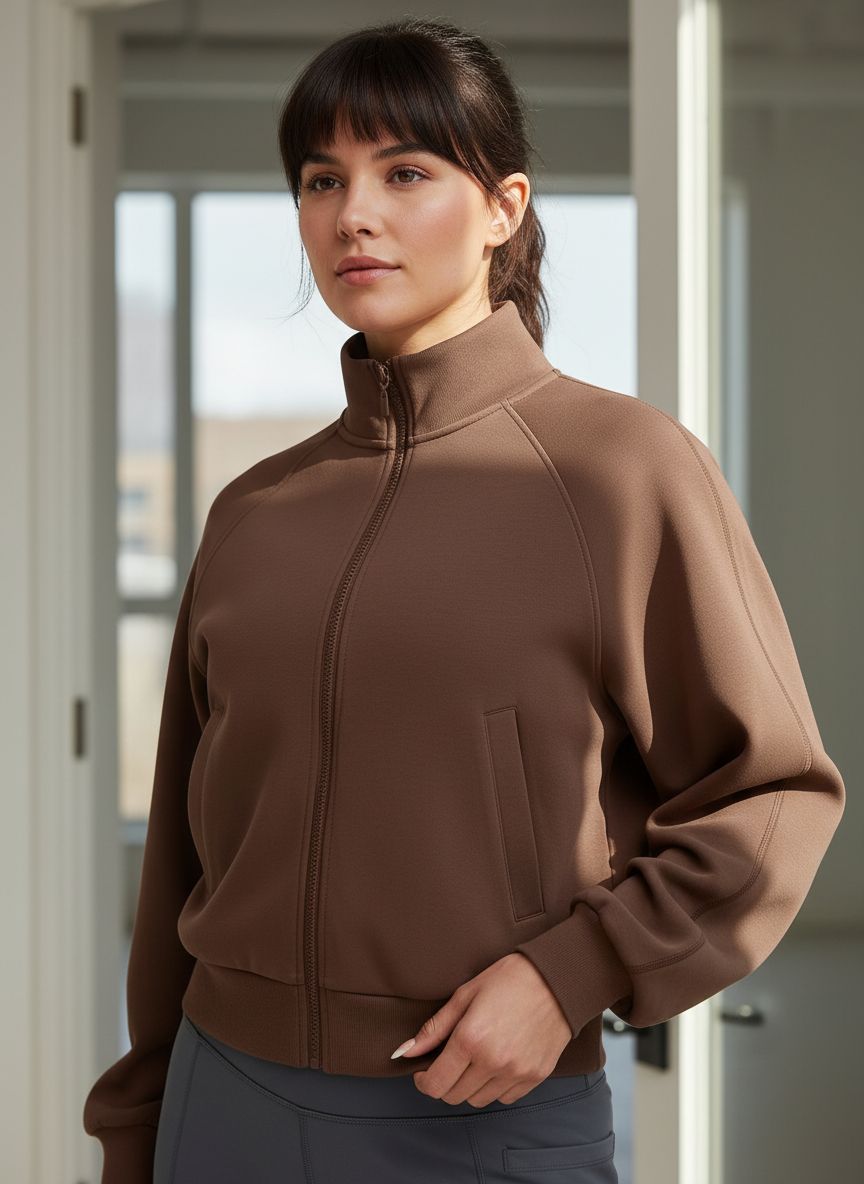 Relaxed-fit modal zip-up athleisure jacket in [color] with mock neck and front pockets — view 1