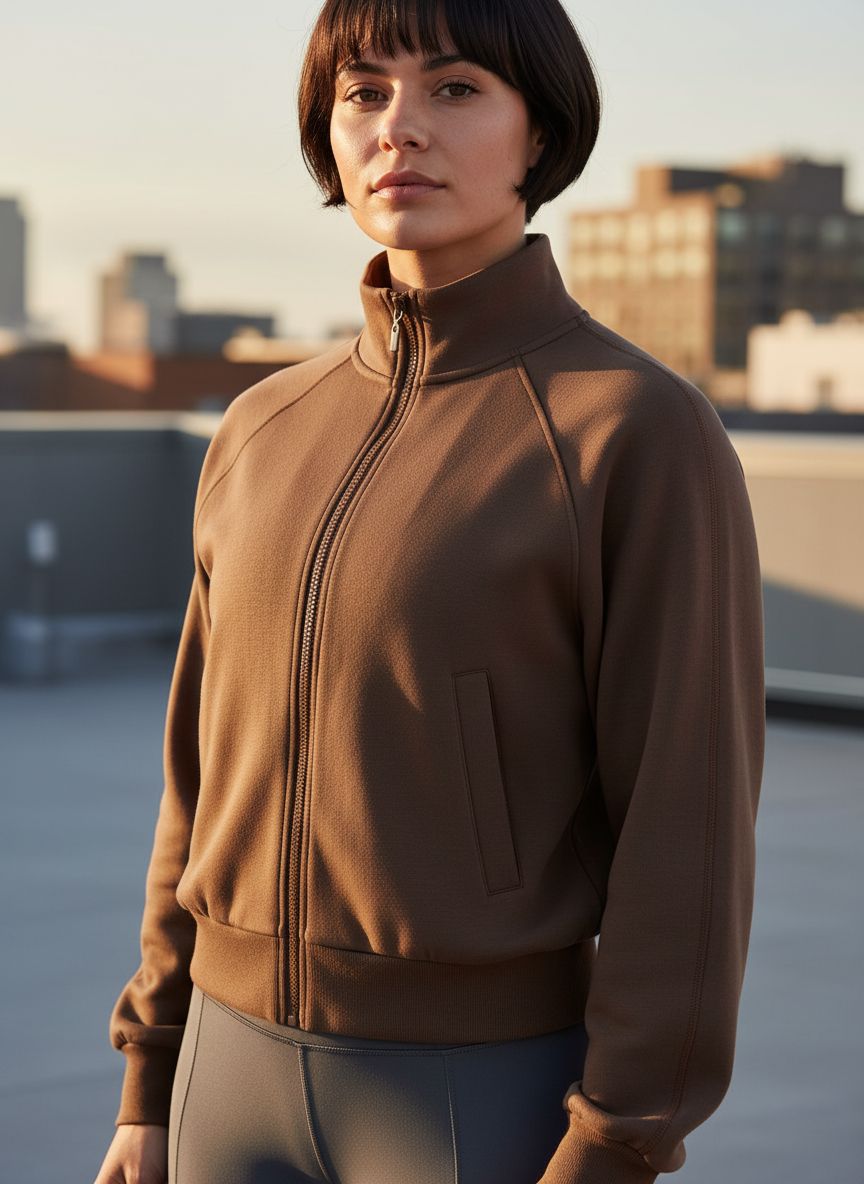 Relaxed-fit modal zip-up athleisure jacket in [color] with mock neck and front pockets — view 2b
