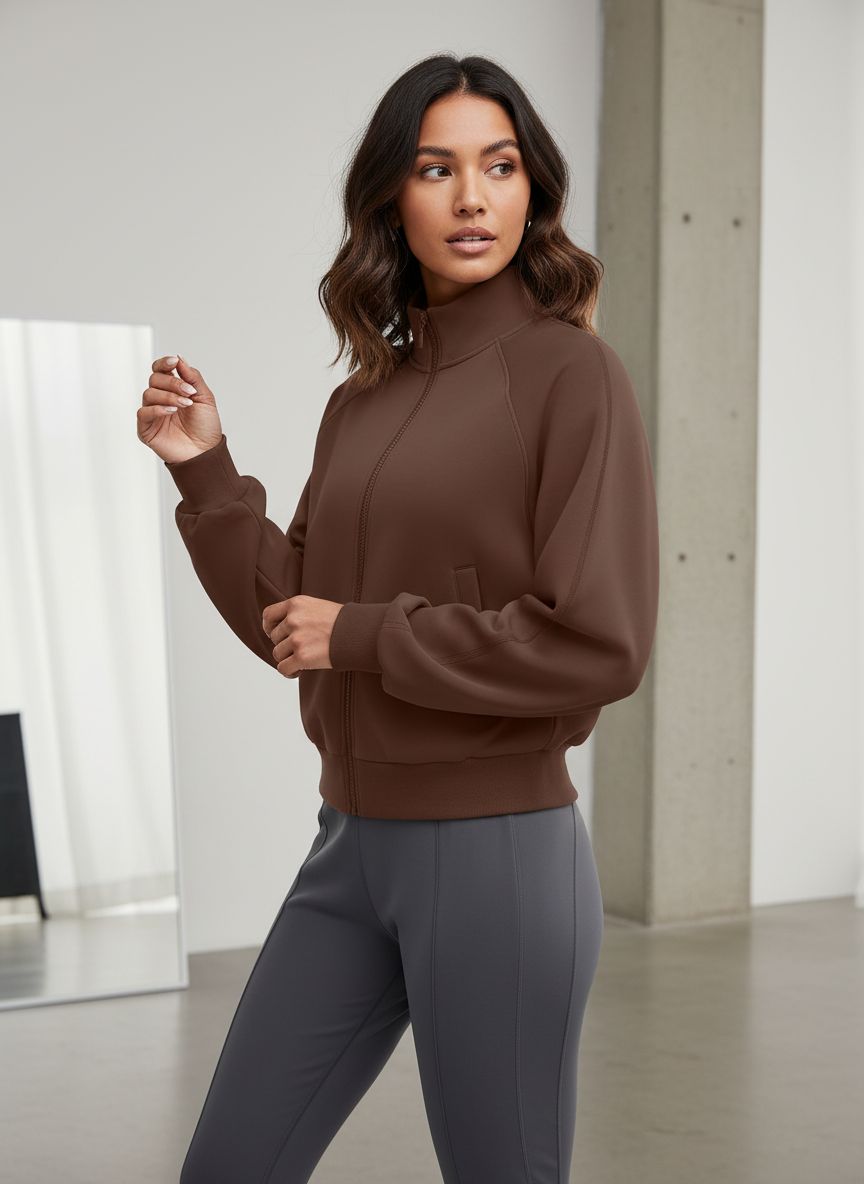 Relaxed-fit modal zip-up athleisure jacket in [color] with mock neck and front pockets — view 6a