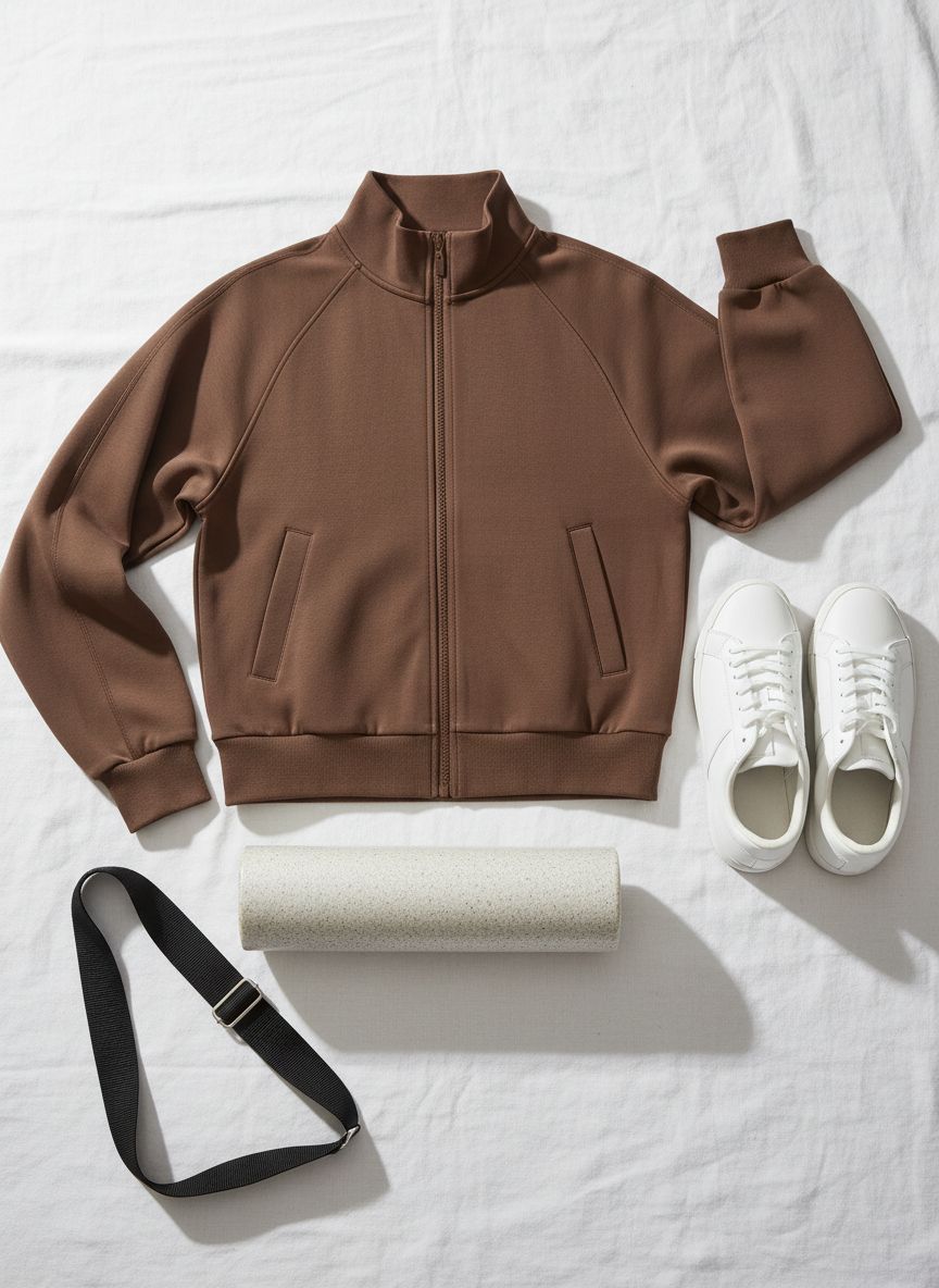Relaxed-fit modal zip-up athleisure jacket in [color] with mock neck and front pockets — view 6b