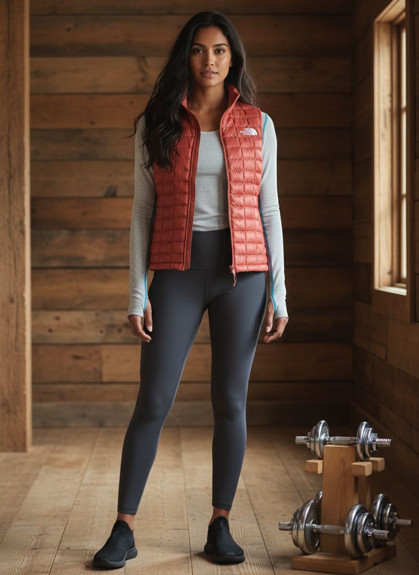 Lightweight Thermoball vest in {color} with synthetic insulation, front zip closure and fitted cut for outdoor layering
