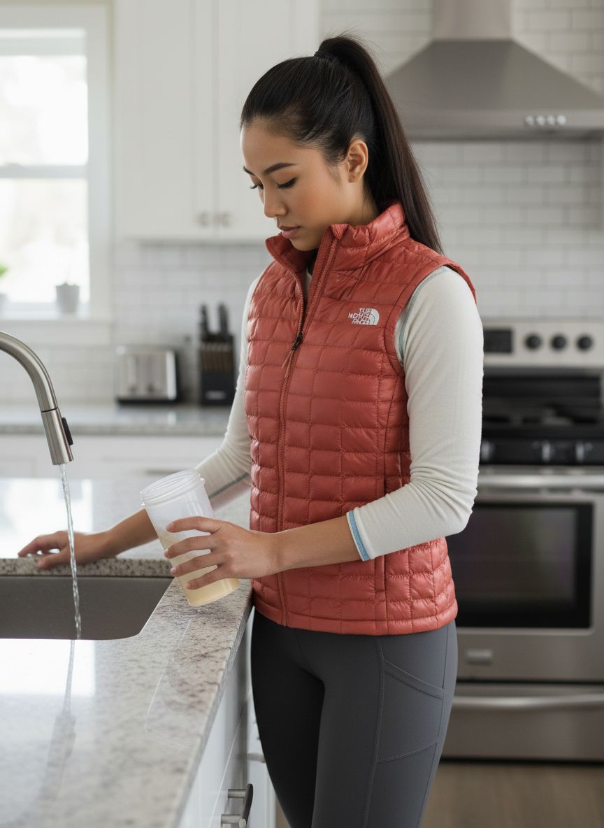 Lightweight Thermoball vest in {color} with synthetic insulation, front zip closure and fitted cut for outdoor layering — view 2b