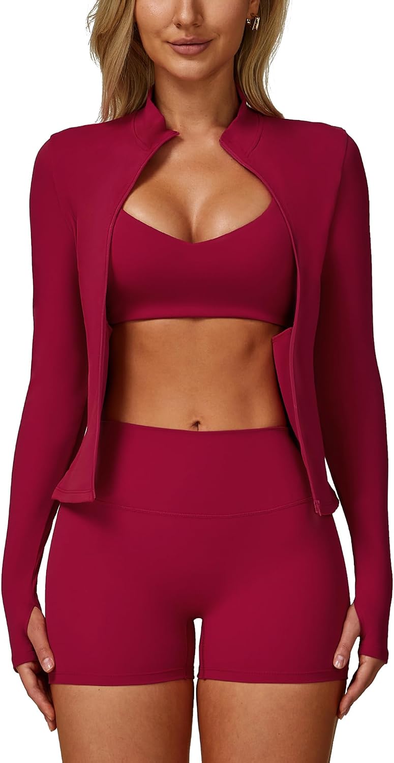 Black 3-piece yoga set featuring zipper long-sleeve jacket, Y-back sports bra, and high-waist shorts with four-way stretch — view 1