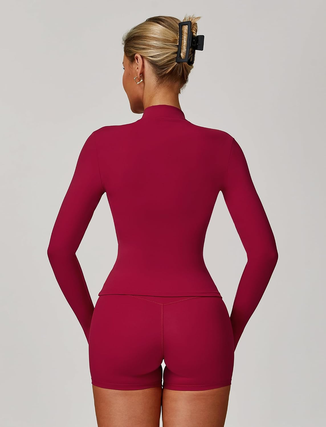 Black 3-piece yoga set featuring zipper long-sleeve jacket, Y-back sports bra, and high-waist shorts with four-way stretch — view 2