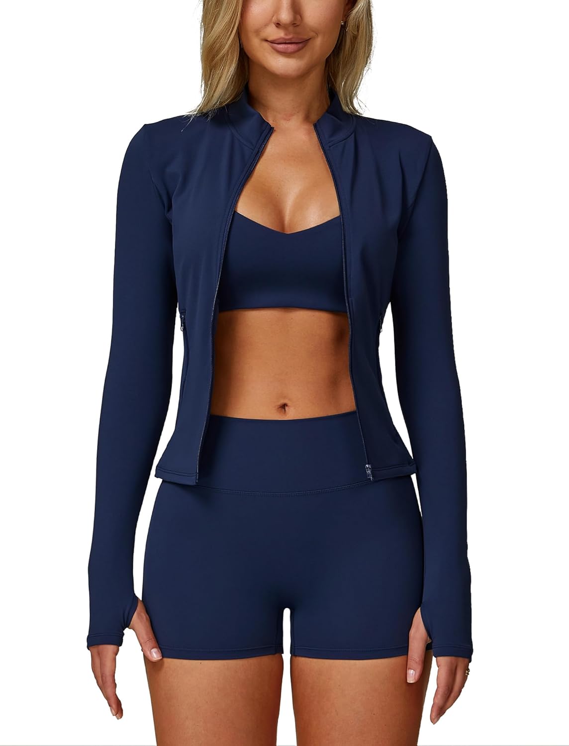 Black 3-piece yoga set featuring zipper long-sleeve jacket, Y-back sports bra, and high-waist shorts with four-way stretch — view 4