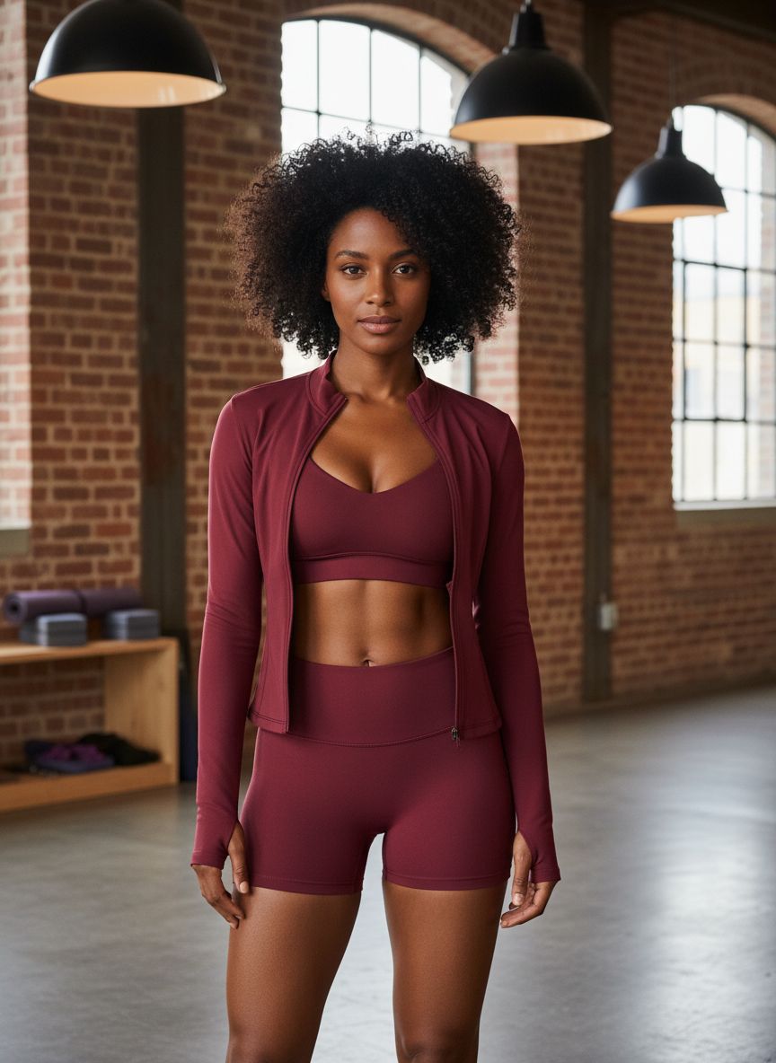Black 3-piece yoga set featuring zipper long-sleeve jacket, Y-back sports bra, and high-waist shorts with four-way stretch