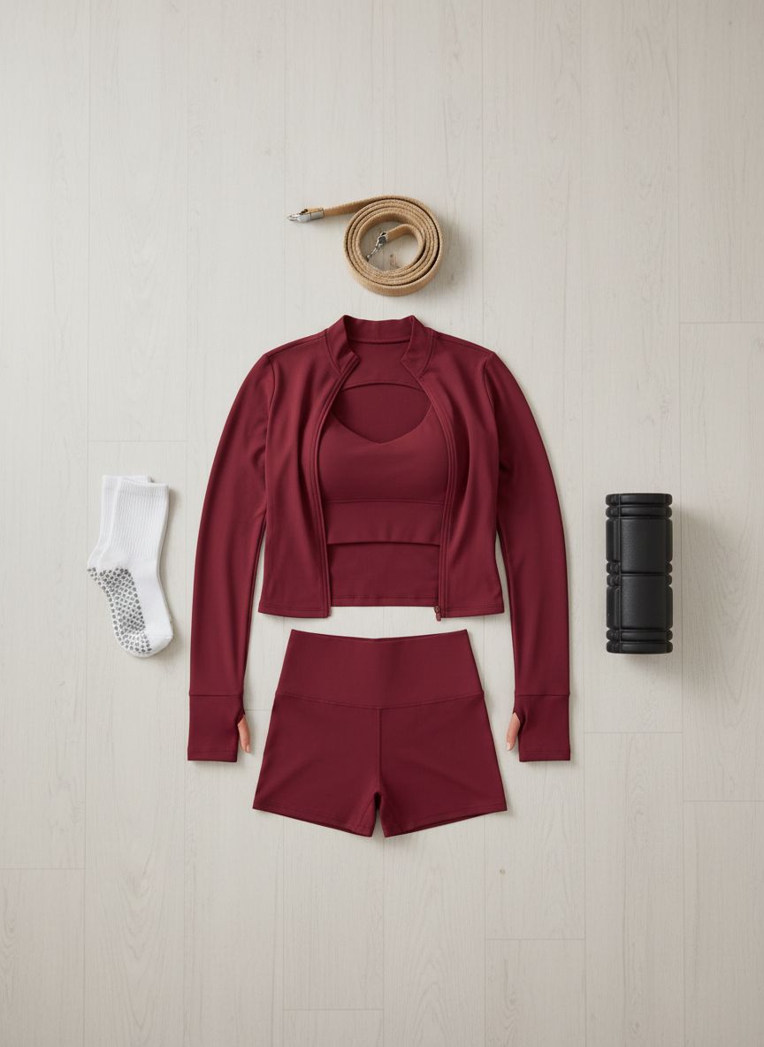 Black 3-piece yoga set featuring zipper long-sleeve jacket, Y-back sports bra, and high-waist shorts with four-way stretch — view 6b