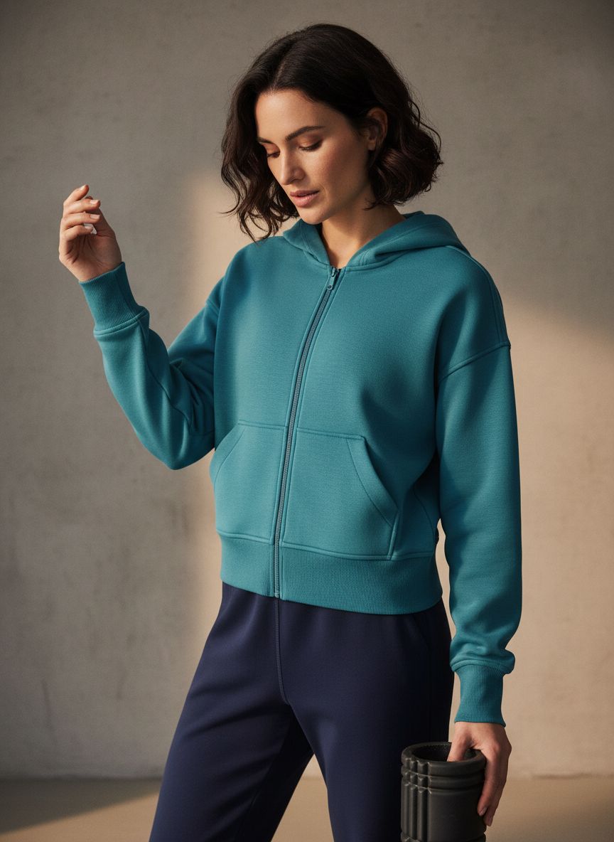 CRZ YOGA full zip hoodie in {color} with soft brushed fleece and front pockets — view 6a