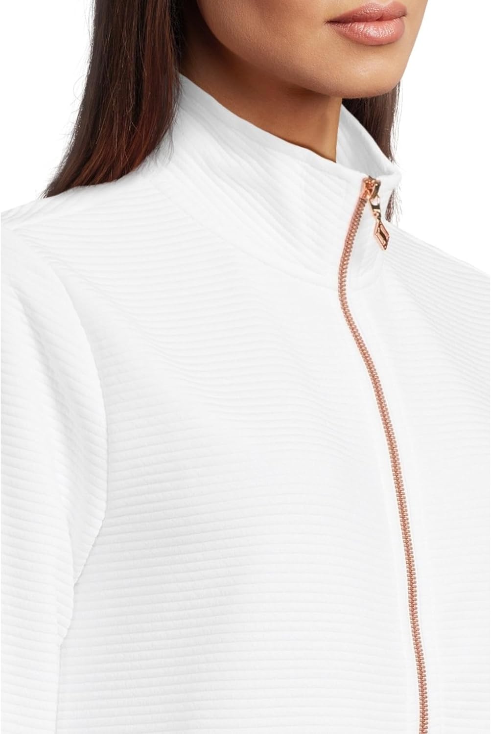 Women's scoop hem fleece jacket in {color} with soft brushed fabric, relaxed fit for athleisure — detail