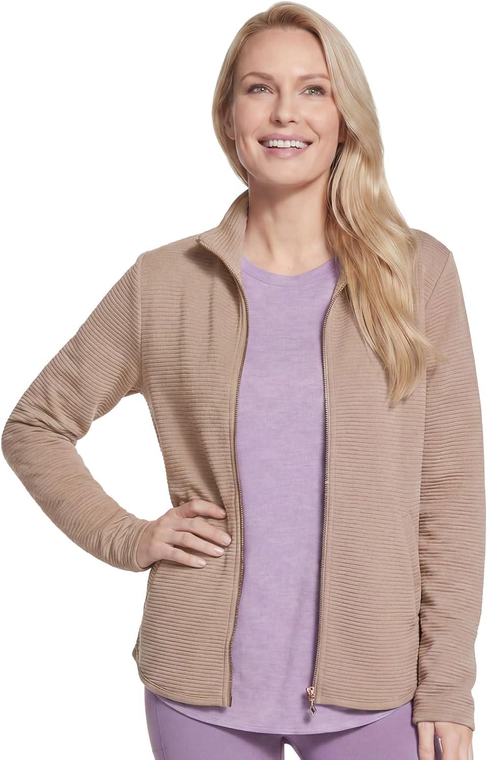 Women's scoop hem fleece jacket in {color} with soft brushed fabric, relaxed fit for athleisure — view 2