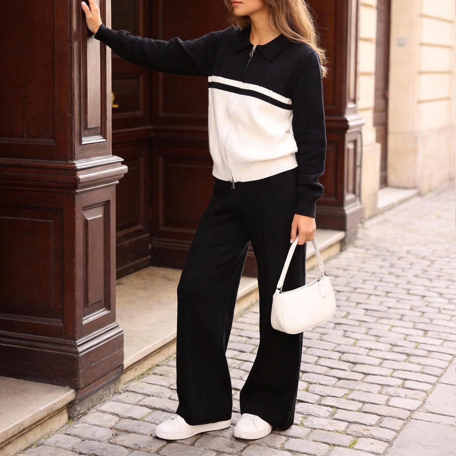 Women's {color} soft brushed fleece tracksuit set with zip-up top and wide-leg sweatpants — view 1