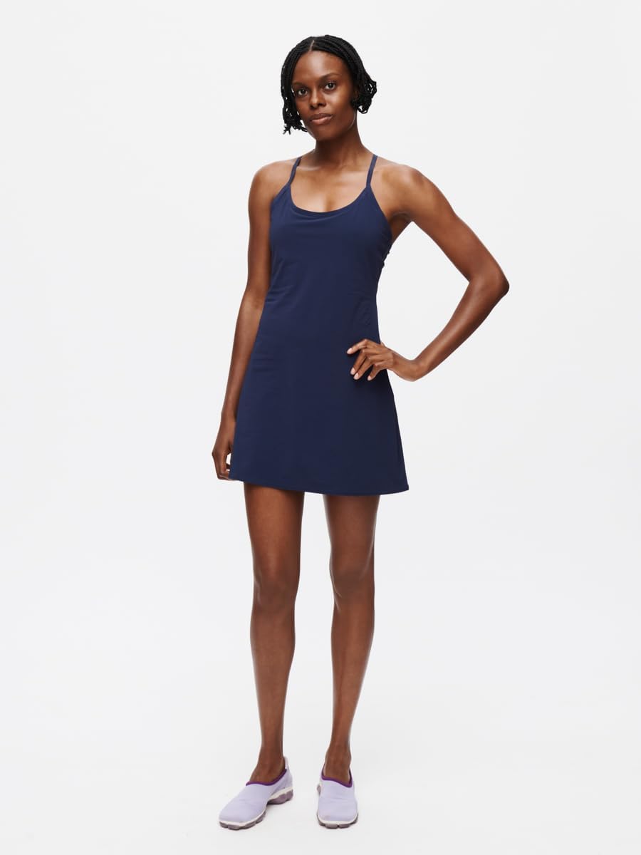 Outdoor Voices Exercise Dress in black with four-way stretch fabric, showcasing semi-fitted athleisure silhouette โ view 3