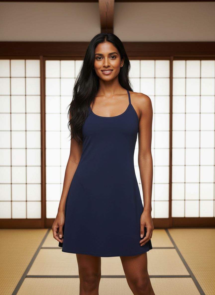 Outdoor Voices Exercise Dress in black with four-way stretch fabric, showcasing semi-fitted athleisure silhouette