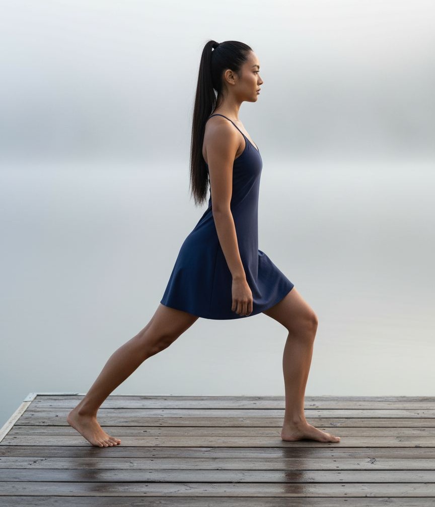 Outdoor Voices Exercise Dress in black with four-way stretch fabric, showcasing semi-fitted athleisure silhouette — view 2a