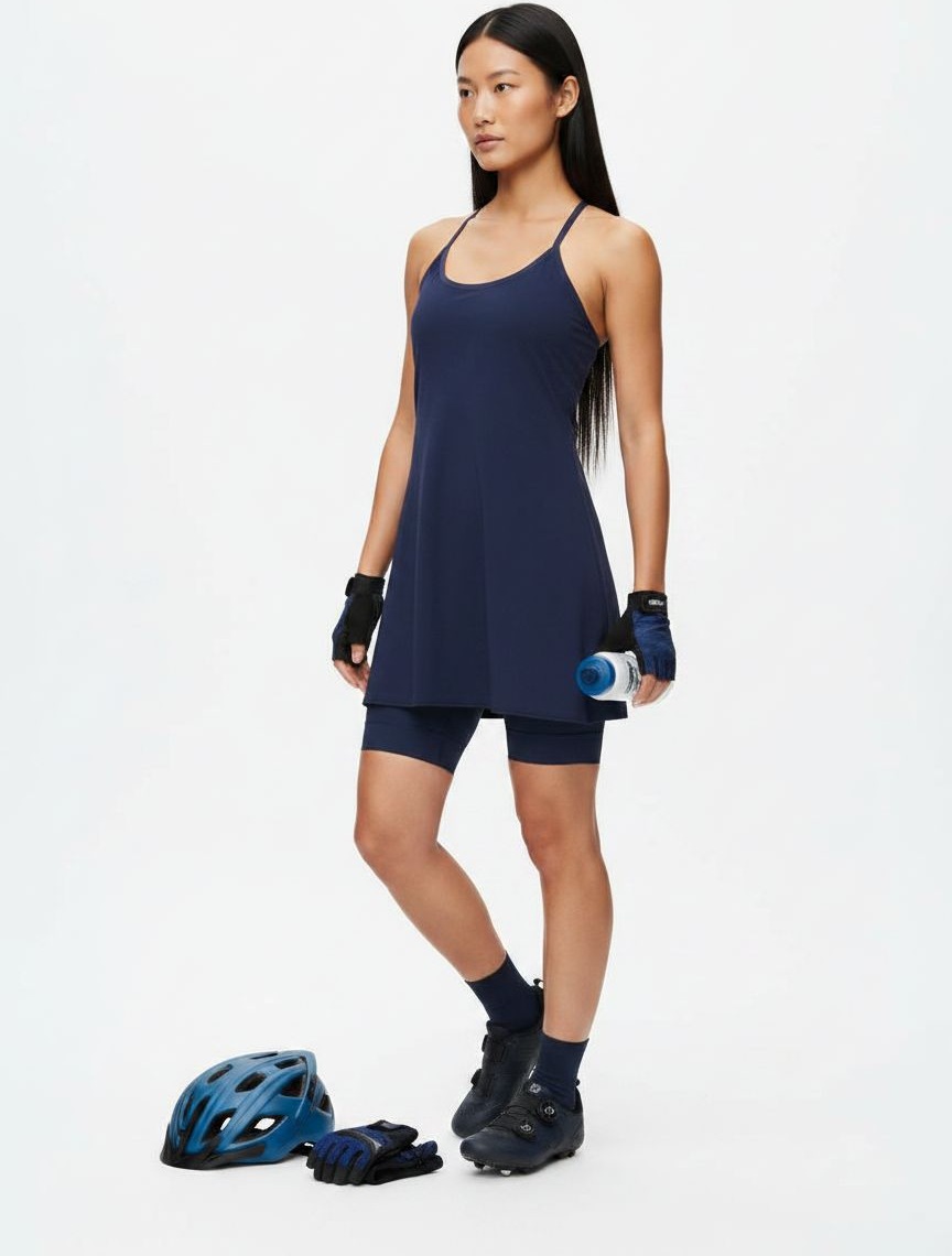 Outdoor Voices Exercise Dress in black with four-way stretch fabric, showcasing semi-fitted athleisure silhouette — view 5