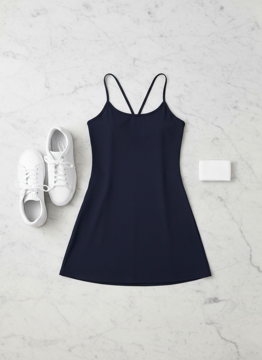 Outdoor Voices Exercise Dress in black with four-way stretch fabric, showcasing semi-fitted athleisure silhouette — view 6b