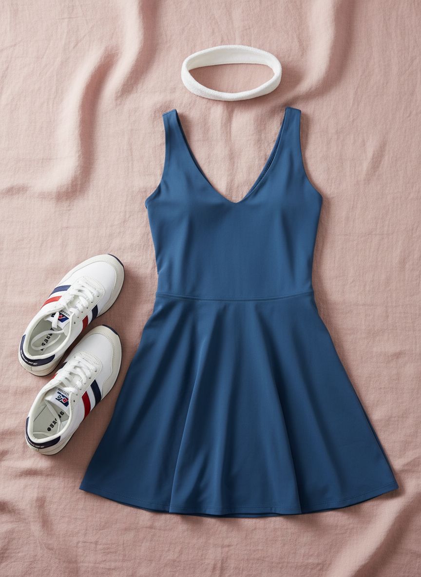Outdoor Voices Volley Dress in {color} with built-in shorts liner and moisture-wicking fabric — view 6b